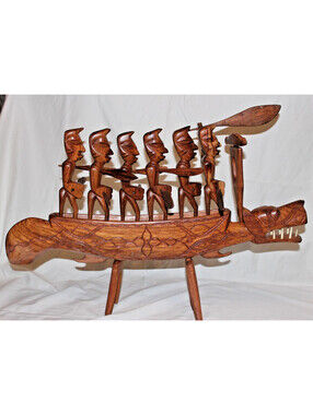 African Makonde Style Crocodile Boat Canoe Sculpture 6 Paddlers Carved Wood 27"